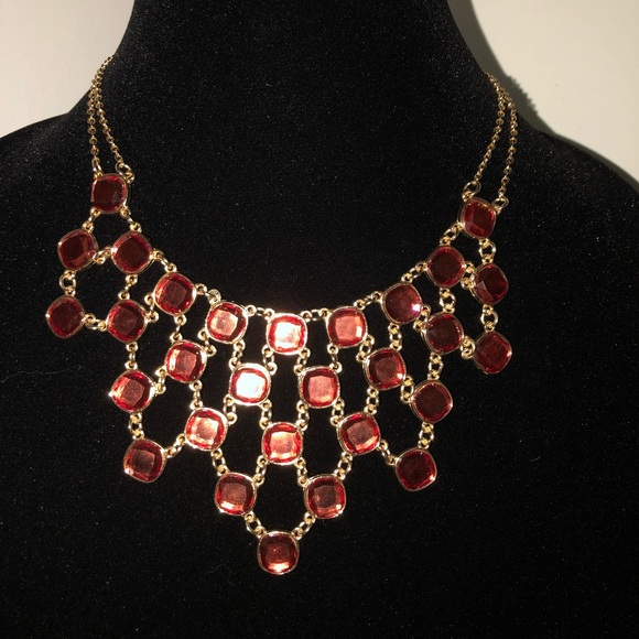 Red Crystal & Gold-tone Block Collar Necklace - Picture 1 of 3